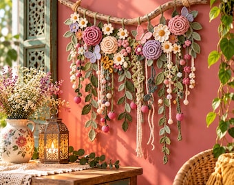 Haakpatroon voor een bloemenwanddecoratie, haakpatroon voor aan de muur (PDF), boho haakdecoratie, bloemenkrans (PDF), botanisch haakwerk, tuindecoratie voor aan de muur