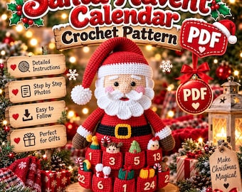 Haakpatroon voor een kerstkalender met de Kerstman (PDF), kerstcountdown gehaakt, amigurumi Kerstman, adventskalender met 24 vakjes, kerstdecoratie