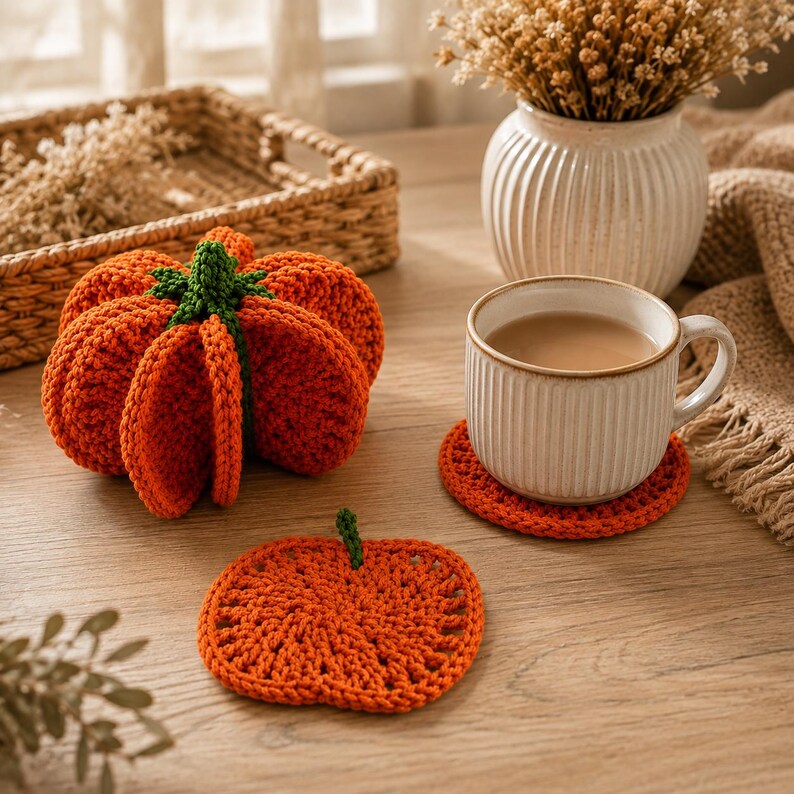 May include: A three-dimensional crocheted orange pumpkin with a green stem, a flat crocheted pumpkin-shaped coaster, and a white ceramic mug with a ribbed texture resting on a matching orange crocheted circular coaster.