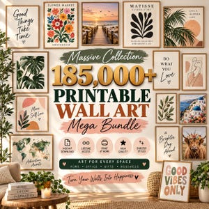 Könnte beinhalten: Eine digitale Sammlung von über 185.000 druckbaren Wandkunst-Designs mit verschiedenen Illustrationen, Fotografien und Typografien. Die Anzeige umfasst gerahmte Drucke von botanischer, Landschafts- und abstrakter Kunst mit Texten.