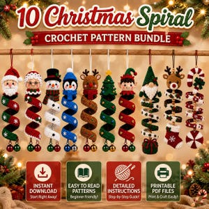 Puede incluir: Un gráfico digital que muestra un paquete de 10 patrones de ganchillo en espiral para Navidad. Los adornos incluyen personajes como Santa Claus, un muñeco de nieve, un pingüino, un reno, un árbol, un elfo, un gnomo y un bastón de caramelo.