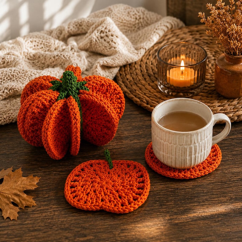 May include: A crocheted orange pumpkin with a green stem, a flat crocheted pumpkin-shaped coaster, and a white ceramic mug resting on a matching orange crocheted coaster. The items are arranged on a dark wooden surface with a dried leaf nearby.