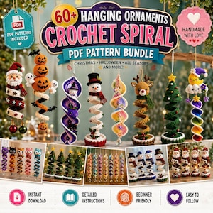 Peut inclure: Un ensemble numérique de plus de 60 modèles de décorations suspendues en crochet en spirale, incluant des motifs comme le Père Noël, des citrouilles, des bonhommes de neige, des rennes et des sapins. L'image montre plusieurs ornements finis.