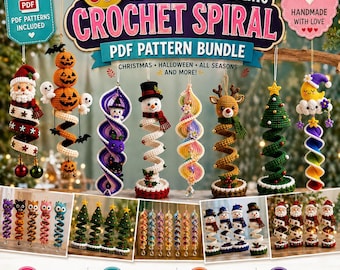 Bundel met meer dan 60 haakpatronen voor Halloween- en kerstspiralen (PDF) | Hangende amigurumi kerstdecoratie | Feestelijke windmolenversiering