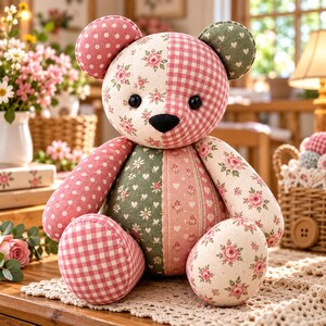 以下が含まれることがあります： ピンク、グリーン、クリームの色合いで、花柄、ギンガムチェック、ハート柄などの様々な布地をパッチワークして作られたテディベアのぬいぐるみ。2つの黒いボタンの目、黒いステッチの鼻、そして対照的なプリントが施された丸い耳が特徴です。