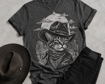 Vintage Cowboy Cat T-Shirt, Western Desert Graphic Tee, Cat Lover Gift