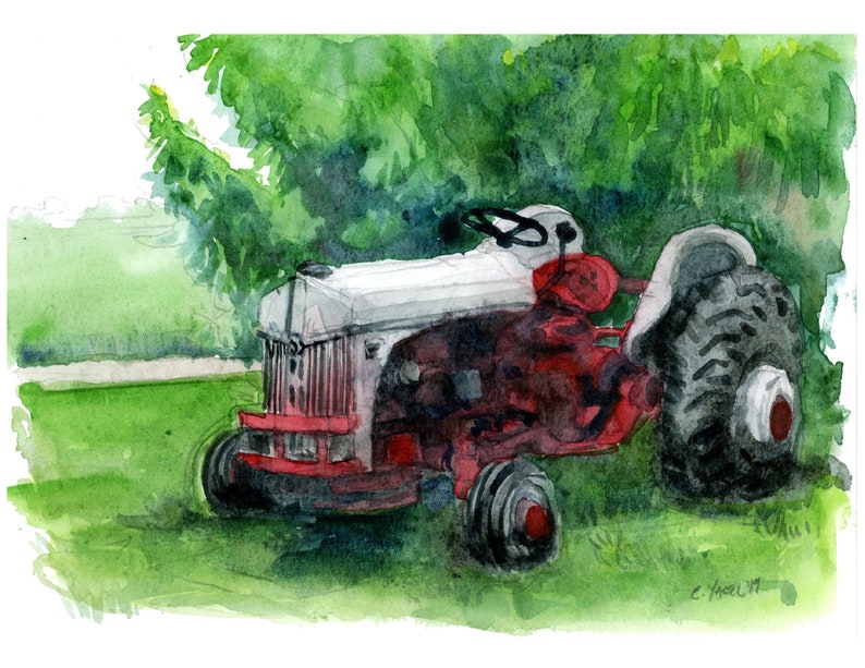 Ford Model N Old red Tractor Watercolor Painting vintage tractor paintings Old Farm Tractor Midwest Farm Equipment painting farm wall art image 3