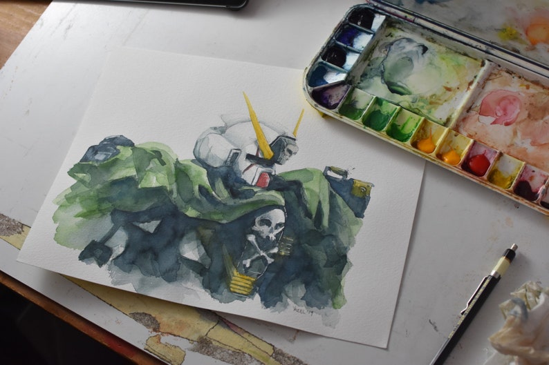 Gundam Unicorn Wall Art Crossbones Gundam Prints Anime Watercolour Print Manga Crossbones Watercolor otaku jrpg wallpaper Gamer Wall Decor image 2