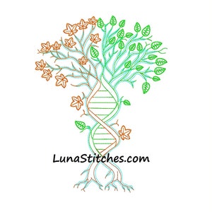 Könnte beinhalten: Eine gestickte Darstellung eines Baumes mit einer doppelten Helix-DNA-Strang als Stamm. Der Baum hat grüne Blätter auf der einen Seite und orange Blätter auf der anderen. Die Wurzeln sind braun und der Text "LunaStitches.com" befindet sich am unteren Rand des Designs.