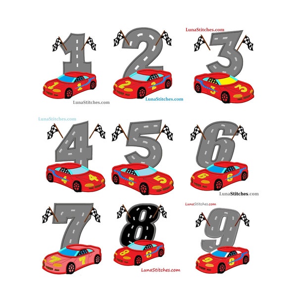 Red Race Car 1 to 9 Number Set with Checkered Flags APPLIQUE Embroidery Design  INSTANT DOWNLOAD