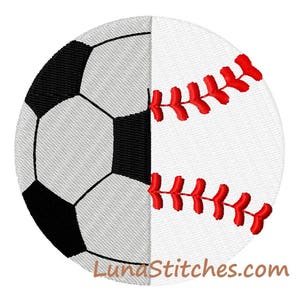 Op de afbeelding: De helft van een zwart-witte voetbal en de helft van een witte honkbal met rode naden.