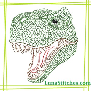May include: A line art illustration of a dinosaur head with an open mouth, showing sharp teeth. The dinosaur's scales are outlined in green, and the inside of the mouth is red.