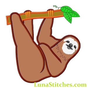 May include: A brown sloth hanging upside down from a branch with green leaves. The sloth has a white face with black eyes and a small black nose.