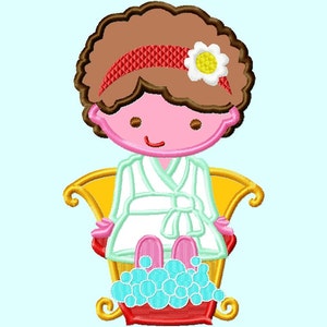 May include: A cartoon illustration of a person in a white robe with a green sash sitting in a yellow chair with their feet in a red tub of blue bubbles.