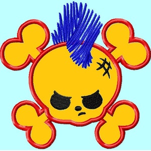May include: A yellow skull with a blue mohawk and crossbones. The skull has black eyes and a frown. The skull is outlined in red.