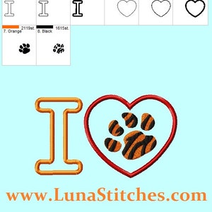 I LOVE Tiger Heart Paws Embroidery Designs 4,5,6,7,8 inches included INSTANT DOWNLOAD image 3