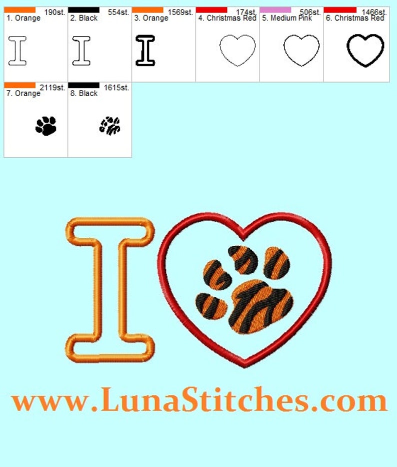 I LOVE Tiger Heart Paws Embroidery Designs 4,5,6,7,8 inches included INSTANT DOWNLOAD image 3