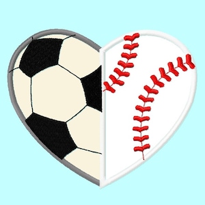 May include: A heart-shaped design with a soccer ball on the left half and a baseball on the right half. The soccer ball is black and white, and the baseball is white with red stitching.
