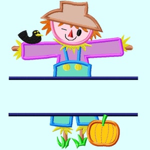May include: A split monogram design featuring a cartoon scarecrow with a winking eye, a black bird, and a pumpkin. The scarecrow is wearing a brown hat, pink shirt, blue overalls, and green shoes. The scarecrow is holding out its arms, and the bird is perched on its shoulder. The pumpkin is orange and has a green stem.