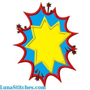 May include: A red and blue starburst with a yellow star in the centre. The starburst has brown stars around the edges.