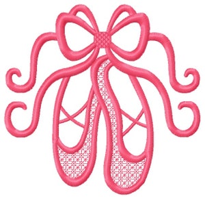 May include: Pink embroidered ballet slippers with a pink bow on top. The slippers are tied together with a ribbon.