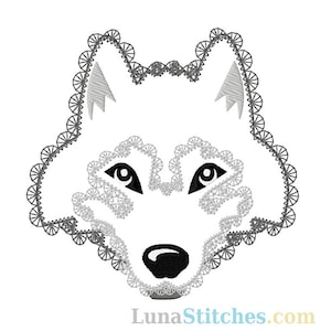 May include: Black and white embroidered design of a wolf's face with a gray outline. The wolf's eyes are black with white pupils and the nose is black.