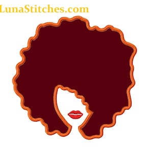 Könnte beinhalten: Eine orangefarbene Umrandung einer Person mit einem großen, dunkelbraunen Afro und roten Lippen.