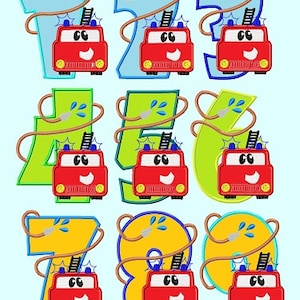 Pode incluir: Nove números coloridos com um caminhão de bombeiros vermelho na frente de cada número. O caminhão de bombeiros tem uma escada, uma mangueira e um rosto sorridente. Os números são 1, 2, 3, 4, 5, 6, 7, 8 e 9.