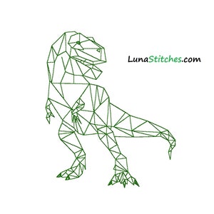 以下が含まれることがあります： 右上に「LunaStitches.com」というテキストが書かれた、ティラノサウルス・レックスに似た幾何学的な恐竜の緑色の線画です。