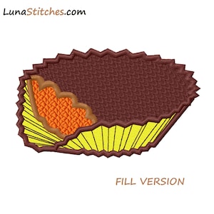 May include: A brown, orange, and yellow embroidered patch shaped like a chocolate peanut butter cup. The text "FILL VERSION" is below the patch.