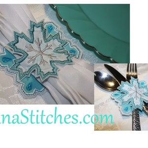 Snow Flake Napkin Holder, In The Hoop Embroidery Applique Design 2 sizes for hoops 4x4 or larger INSTANT Download image 1