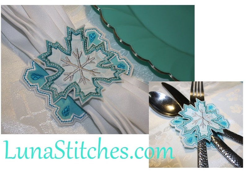 Snow Flake Napkin Holder, In The Hoop Embroidery Applique Design 2 sizes for hoops 4x4 or larger INSTANT Download image 1