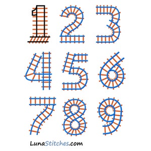 May include: Nine numbers, 1 through 9, are formed using a design that resembles railroad tracks. The numbers are outlined in blue and filled in with orange. The background is white.