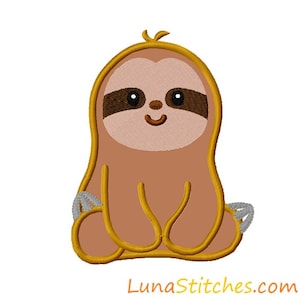 May include: A brown and yellow cartoon sloth with a happy expression, sitting with its arms crossed. The sloth has a yellow outline and gray claws.