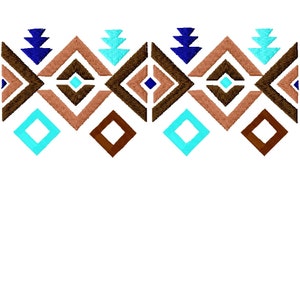 Könnte beinhalten: Ein geometrisches Muster mit braunen, blauen und türkisfarbenen Diamanten und Dreiecken. Das Muster wiederholt sich horizontal.