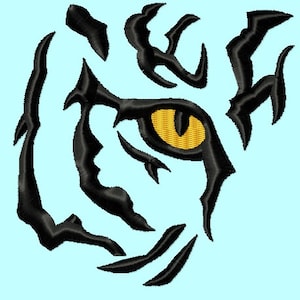 May include: Black and white stylized illustration of a tiger's face with a yellow eye. The tiger's stripes are created with bold, black lines.