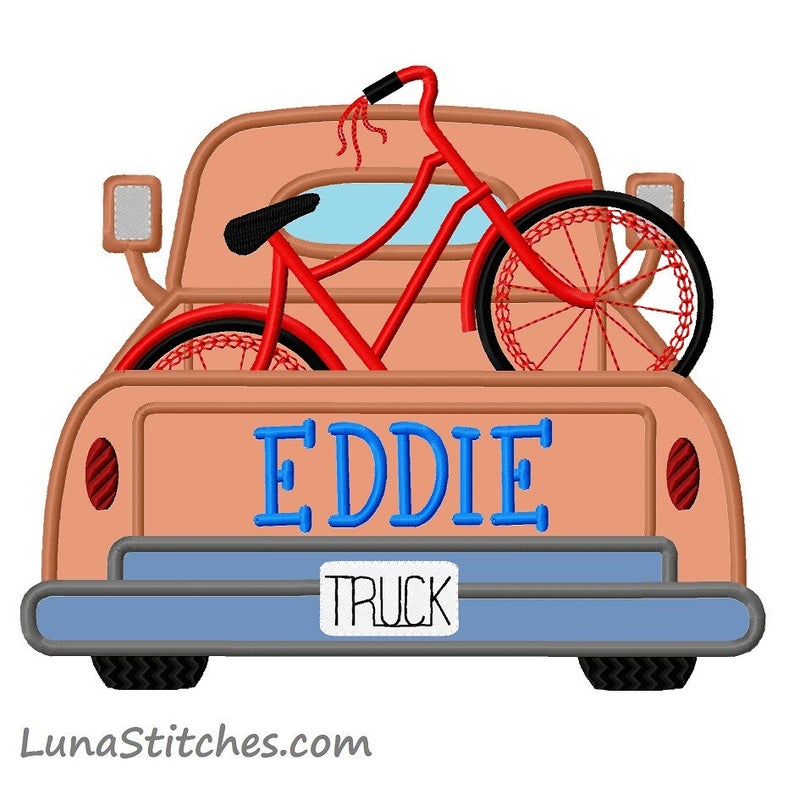 Bicycle in Truck APPLIQUE and Fill Embroidery Design 3 sizes each INSTANT DOWNLOAD image 1