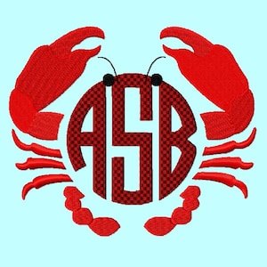 May include: Red crab with a red, white and blue monogram in the centre. The monogram is in a circle and the letters are "ASB".