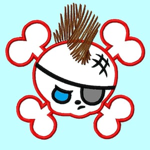 May include: A cartoon skull with a red and white pirate bandana, an eye patch, and a brown mohawk. The skull is surrounded by two white bones with red outlines.