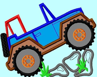 Puede incluir: Un jeep de dibujos animados azul y marrón con una jaula antivuelco roja conduciendo sobre rocas grises. El jeep tiene grandes neumáticos negros con llantas naranjas. Hierba verde crece alrededor de las rocas.