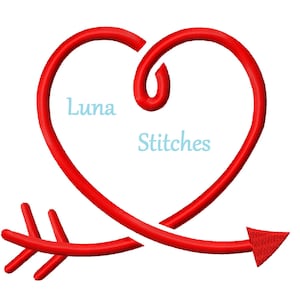 May include: Red heart-shaped embroidery design with an arrow going through it. The text "Luna Stitches" is inside the heart.