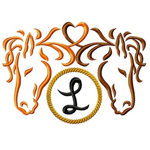 Two Horses Monogram Frame Embroidery Design file 3 sizes Instant Download