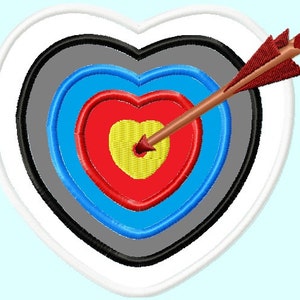 May include: A red heart-shaped target with concentric blue, gray, and black rings. An arrow with red feathers is piercing the center of the target.