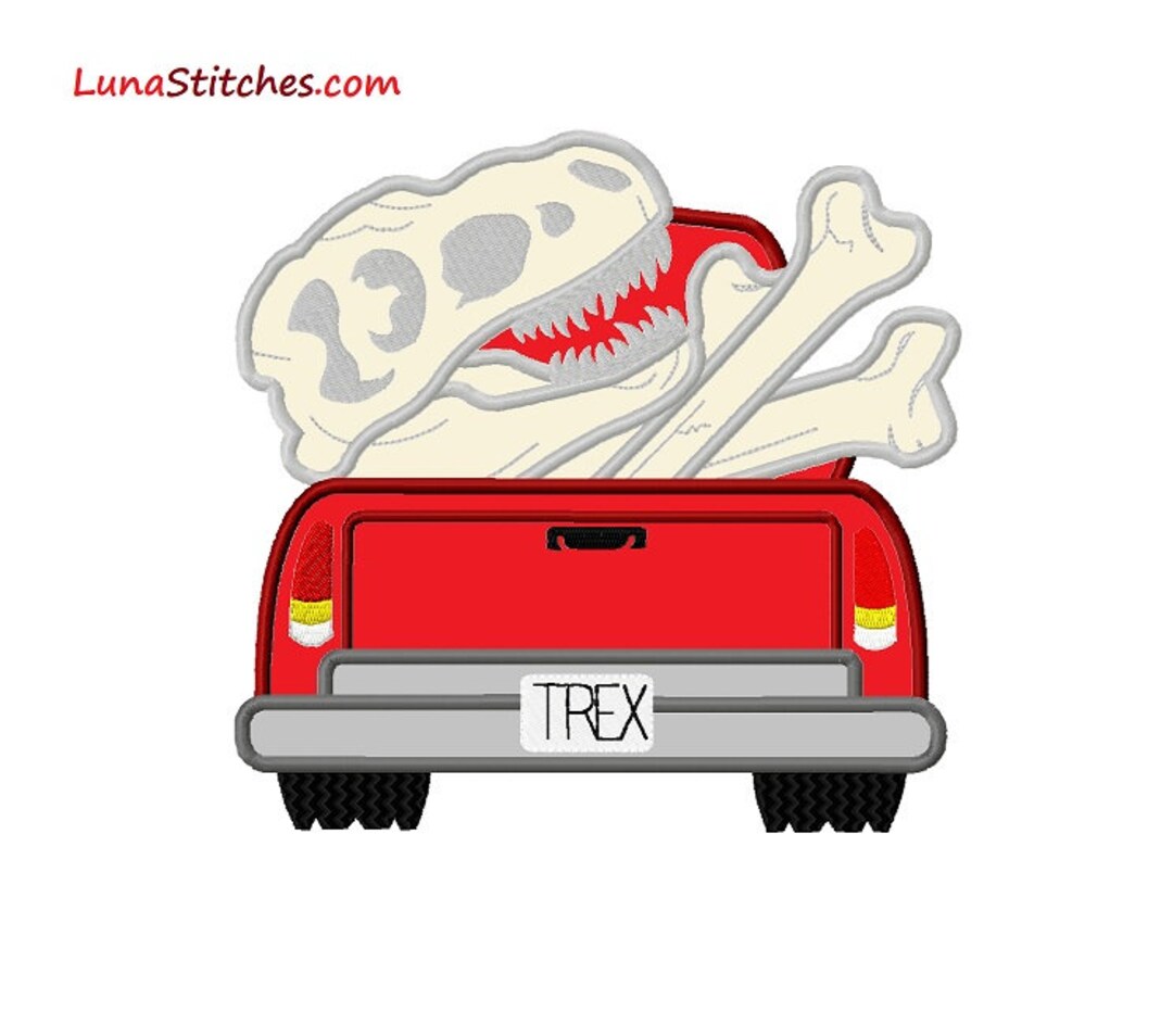 Embroidery Design Red Truck With T-rex Trex Skeleton Dinosaur Dino ...