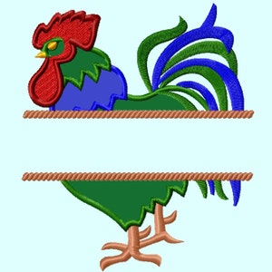 May include: Split monogram design featuring a green, blue, and red rooster with a brown rope border.