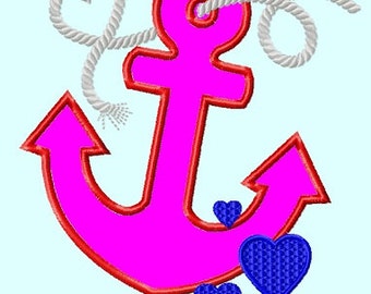 Ship Anchor with Hearts Applique Embroidery Design 3 sizes INSTANT DOWNLOAD