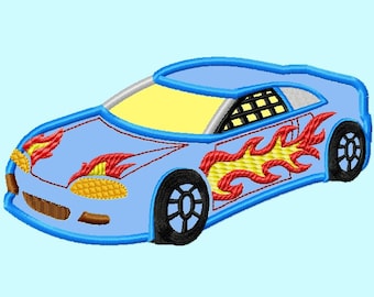 Race Car in Flames APPLIQUE Embroidery Design 4 sizes INSTANT DOWNLOAD