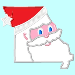 May include: A white outline of the state of Missouri with a Santa Claus face inside. The Santa has a red hat, a white beard, pink cheeks, and blue eyes.