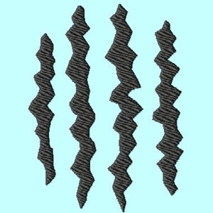 Op de afbeelding: Vier zwarte zigzag-borduurmotieven. De motieven hebben allemaal dezelfde vorm, maar variëren in grootte.
