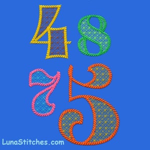 May include: An embroidered design featuring the numbers 4, 8, 7, and 5 in various colors. The numbers have a rope-like border and a patterned interior. The background is a solid blue. The website LunaStitches.com is at the bottom.